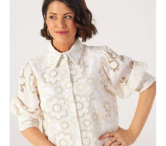 Helene Berman X Katy 100% Cotton Lace Broderie Puff Sleeve Shirt - QVC UK | QVC UK