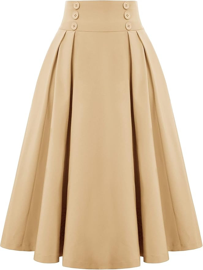 Belle Poque Women Vintage Skirt High Waist Pleated Skirt Midi A-Line Skirt with Pockets | Amazon (US)
