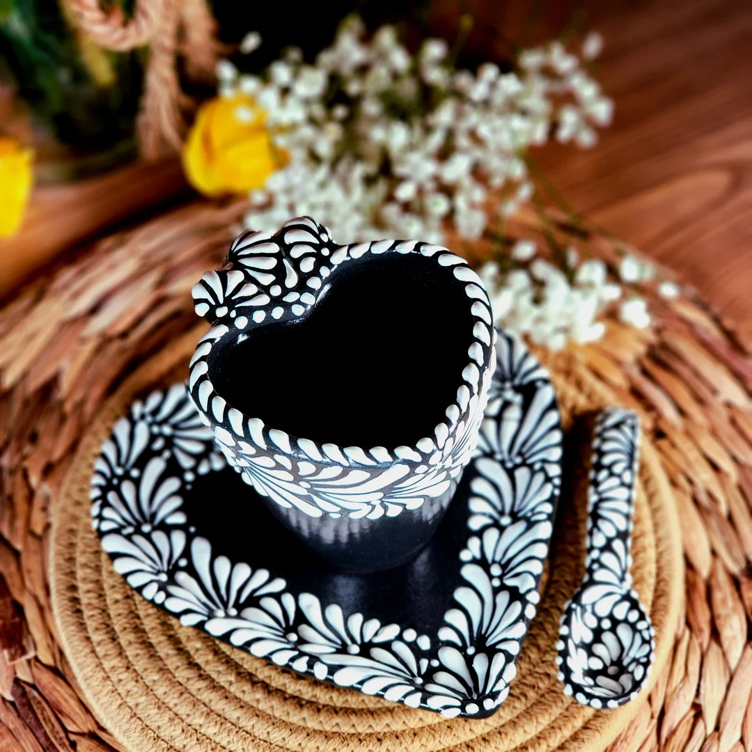 Original Mexican Black Talavera Heart Coffee Mug Spoon and - Etsy | Etsy (US)