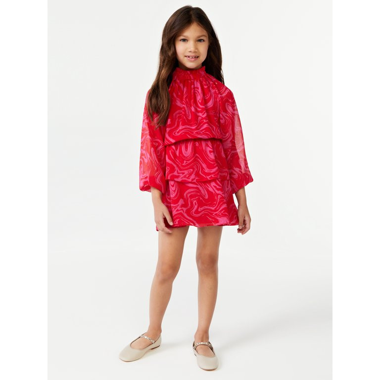 Scoop Girls Long Sleeve Smocked Neck Tiered Dress, Sizes 4-12 | Walmart (US)