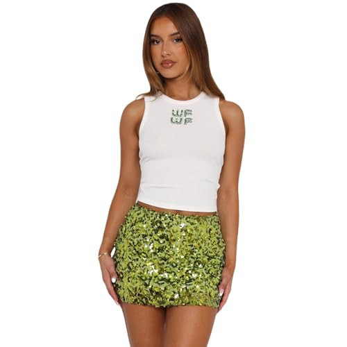 ZGMYC Women's Glitter Sequin Mini Skirt Shiny Low Waist Pencil Skirts Bodycon Short Skirt for Dance Party Concert Green | Amazon (US)