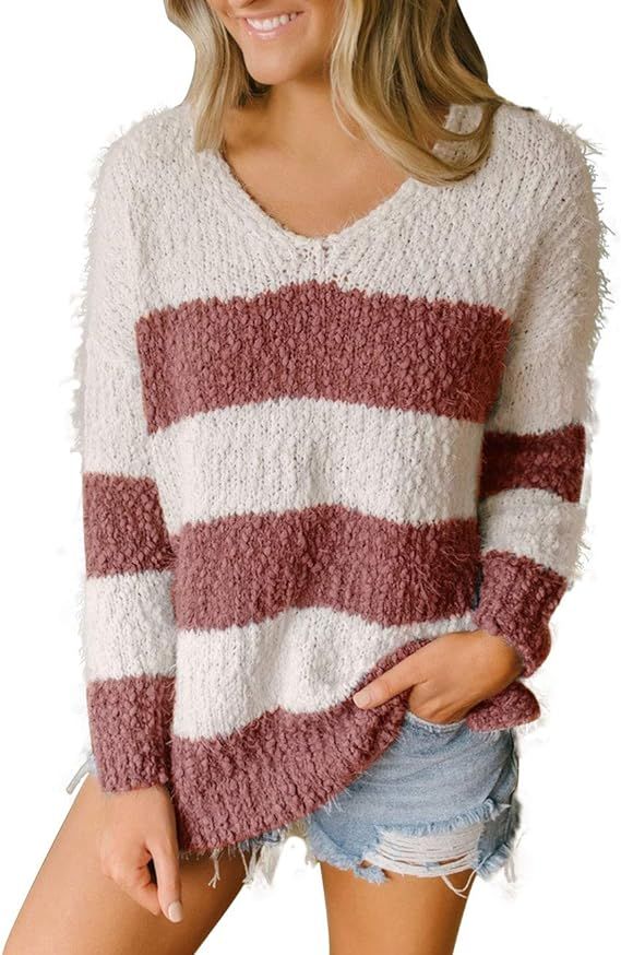 MEROKEETY Women's Long Sleeve Color Block Striped V Neck Fuzzy Knit Sweater Side Slit Pullover To... | Amazon (US)