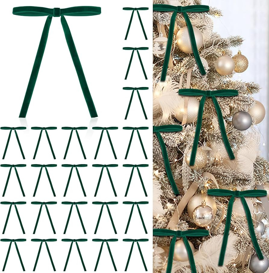 24 Pcs Green Velvet Bows for Christmas Tree, Elegant Dark Green Velvet Christmas Ornaments, 5x7 I... | Amazon (US)