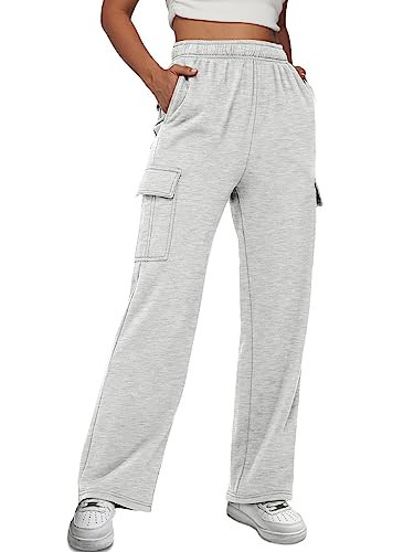 AUTOMET Womens Cargo Sweatpants Baggy Fleece High Waisted Joggers Sweat Pants Athletic Drawstring Casual Wide Leg Loose Fit Fall Pants with Pockets 2025 Grey S | Amazon (US)