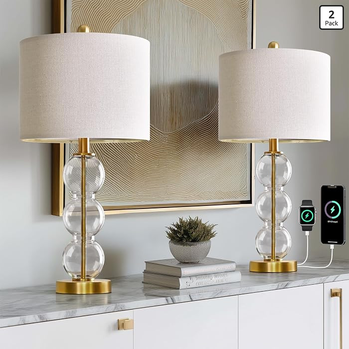 25" Glass Table Lamps Set of 2, Gold Modern Table Lamps with USB Ports for Living Room, Linen Sha... | Amazon (US)
