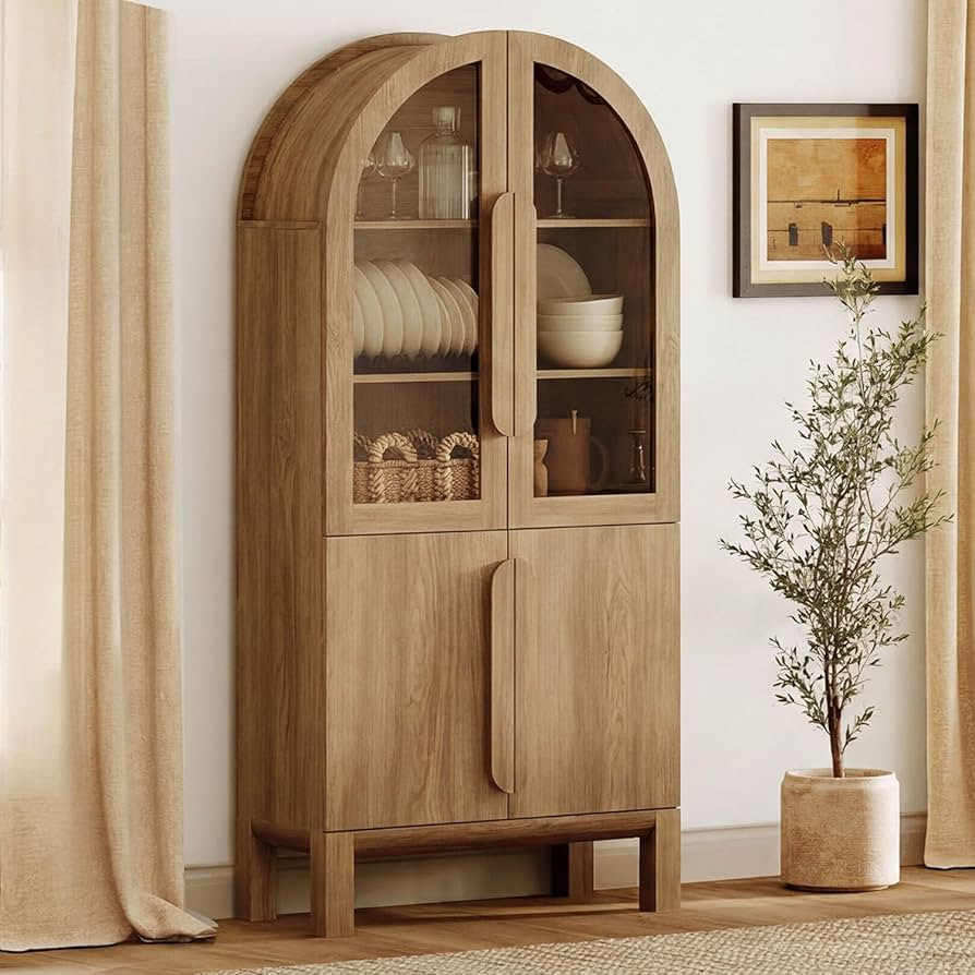 WAMPAT 71" Tall Arched Kitchen Pantry Cabinet with Glass Door, Modern Farmhouse Arched Bookcase w... | Amazon (US)