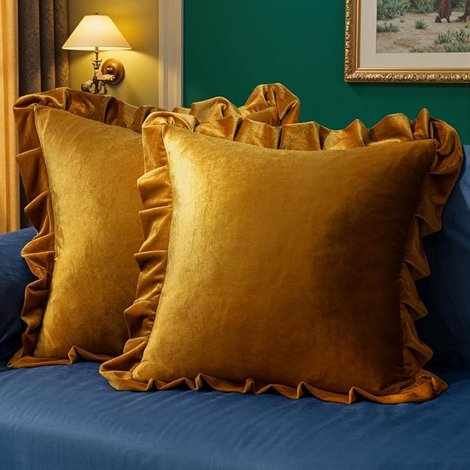MIULEE Velvet Ruffle Throw Pillow Covers Soft Luxurious Golden Camel Pack of 2 20x20 Inch Square ... | Amazon (US)