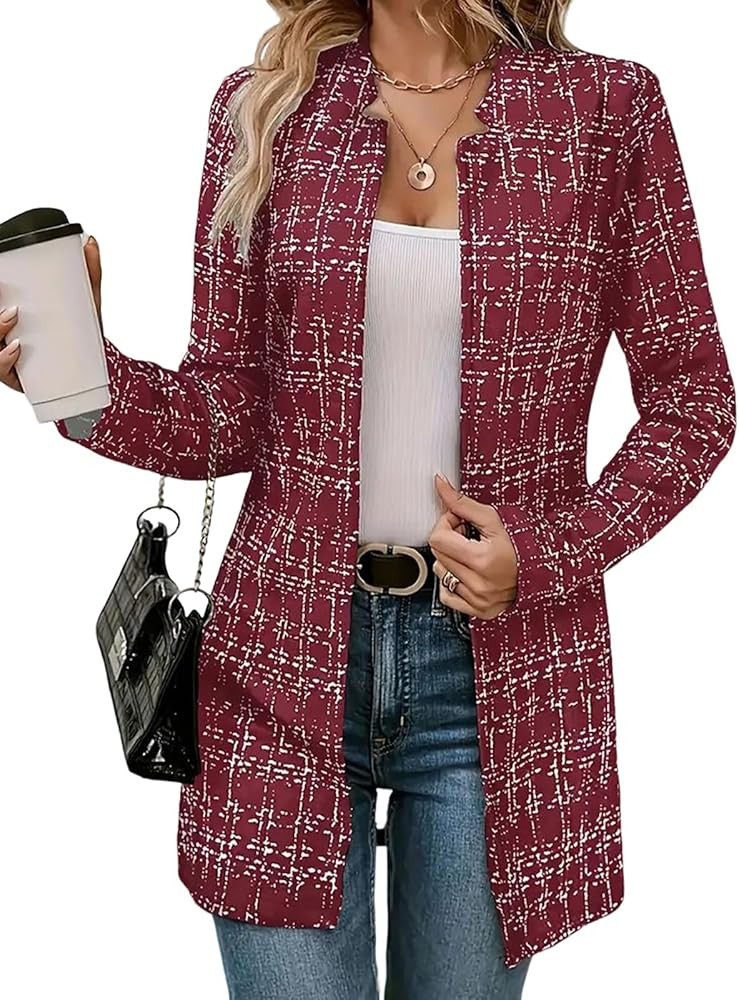 utcoco Women's Elegant Plaid Open Front Blazer Slim Long Sleeve Thigh Length Tweed Cardigan Jacke... | Amazon (US)