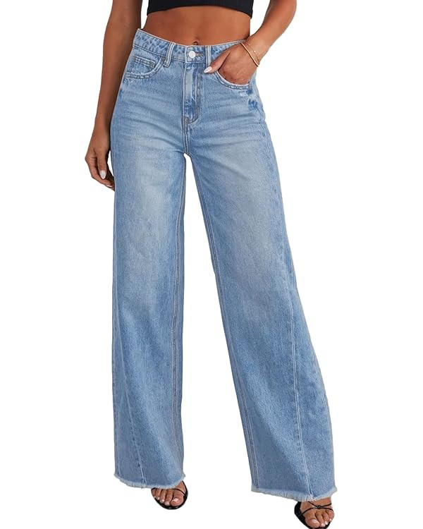 Sidefeel Women's Wide Leg Jeans High Waisted Strechy Raw Hem Zimbaplatinum Denim Pants | Amazon (US)