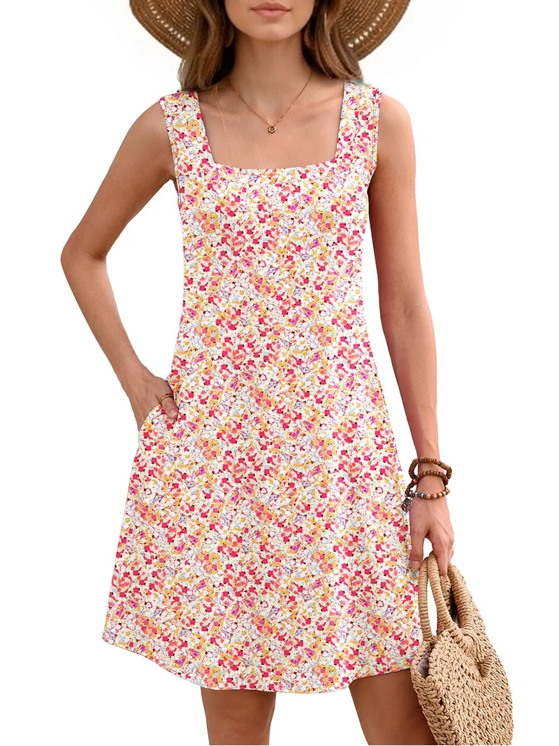 Women's Summer Square Neck Sleeveless Dress with Pockets, Pink Clustered Blooms Casual A-Line Min... | Walmart (US)