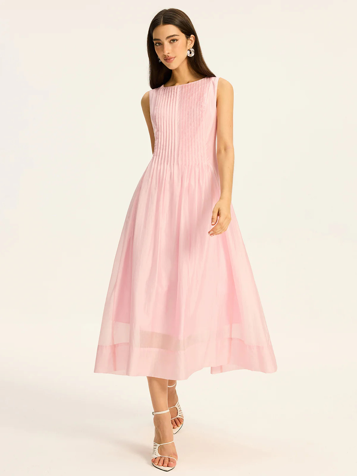 Semi-Sheer Tencel Pleated Sleeveless Midi Dress | Commense