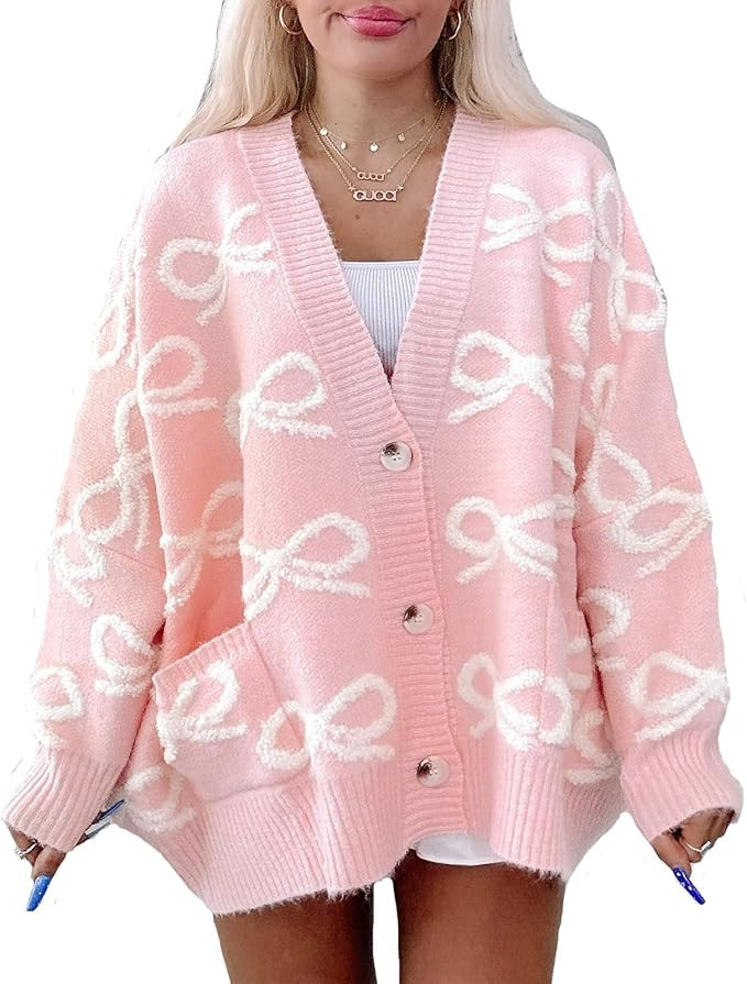 Meiweileya Womens Oversized Cardigan Sweaters Bow Printed Button Down Y2k V Neck Valentines Loose... | Amazon (US)