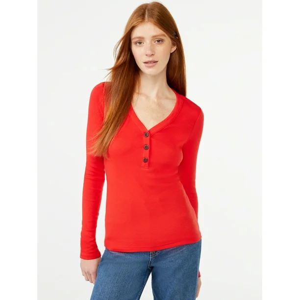 Free Assembly Women's Ribbed Henley Tee with Long Sleeves - Walmart.com | Walmart (US)