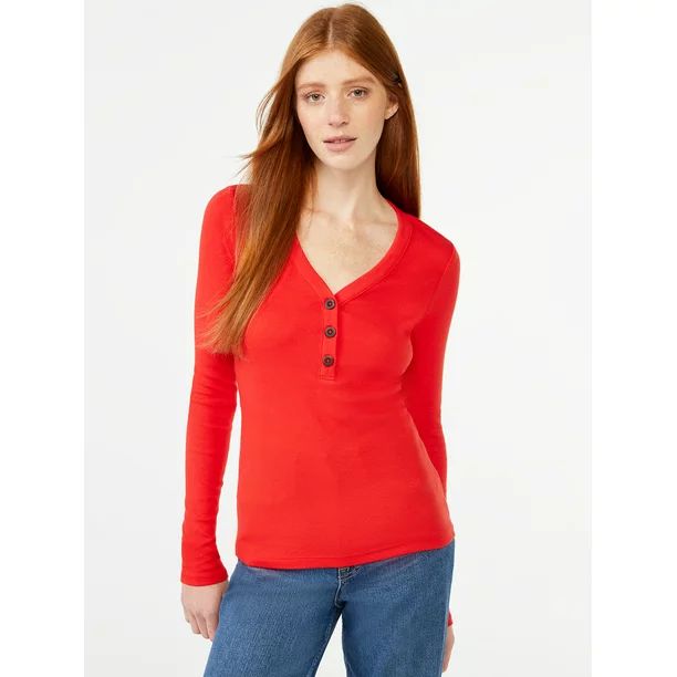 Free Assembly Women's Ribbed Henley Tee with Long Sleeves - Walmart.com | Walmart (US)