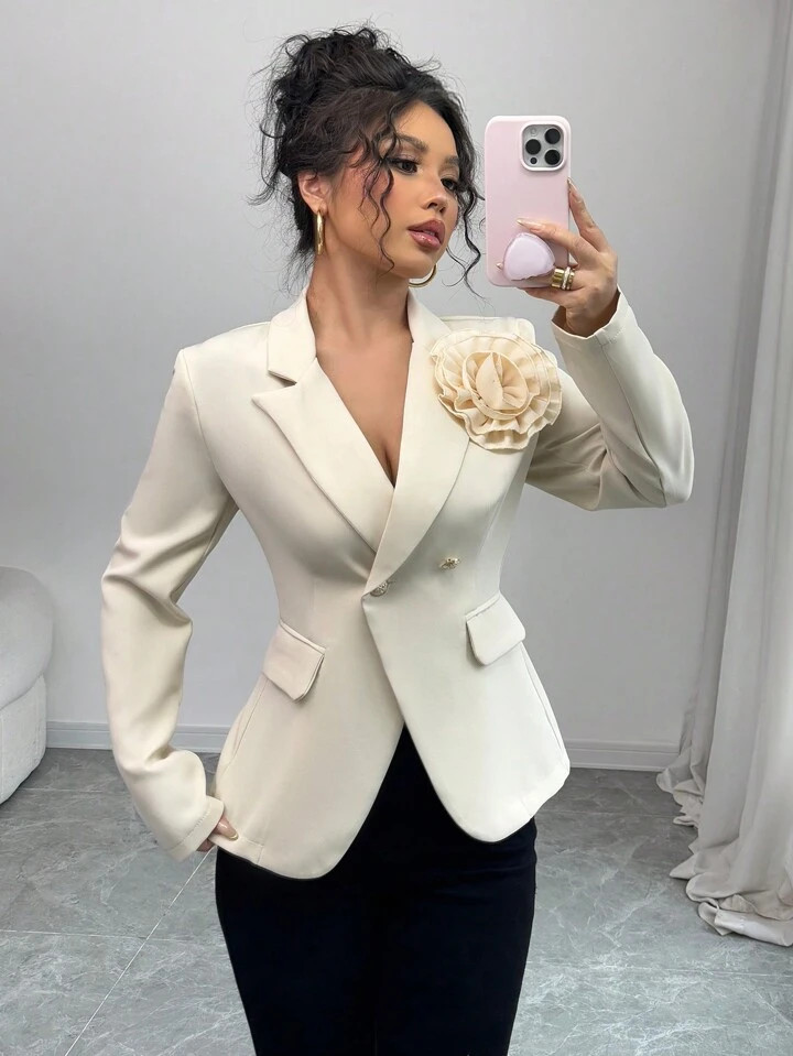 Elenzga Military Green 3D Floral Embellished Decorative Button Elegant & Romantic Women Blazer Ja... | SHEIN