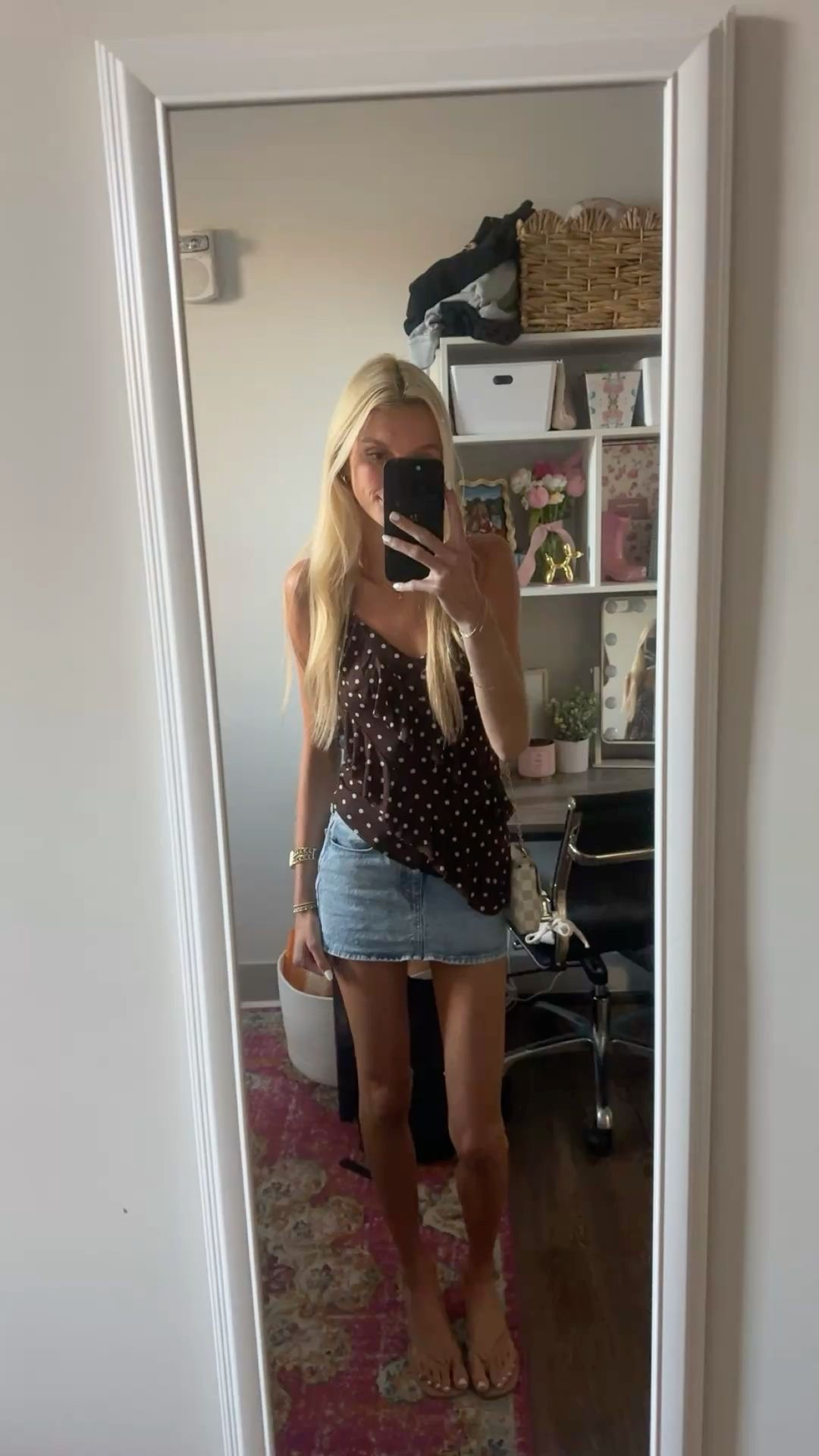 Brown polka dot tank, denim skirt & kitten heels

#LTKdayinmylife #LTKootd #LTKValentine