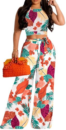 Elegant Two Piece Sets Vacation Outfits for Women Sexy White Floral Print Crop Top Long Straight Pants Swimwear Beachwear Outfits with Pockets(Large) | Amazon (US)