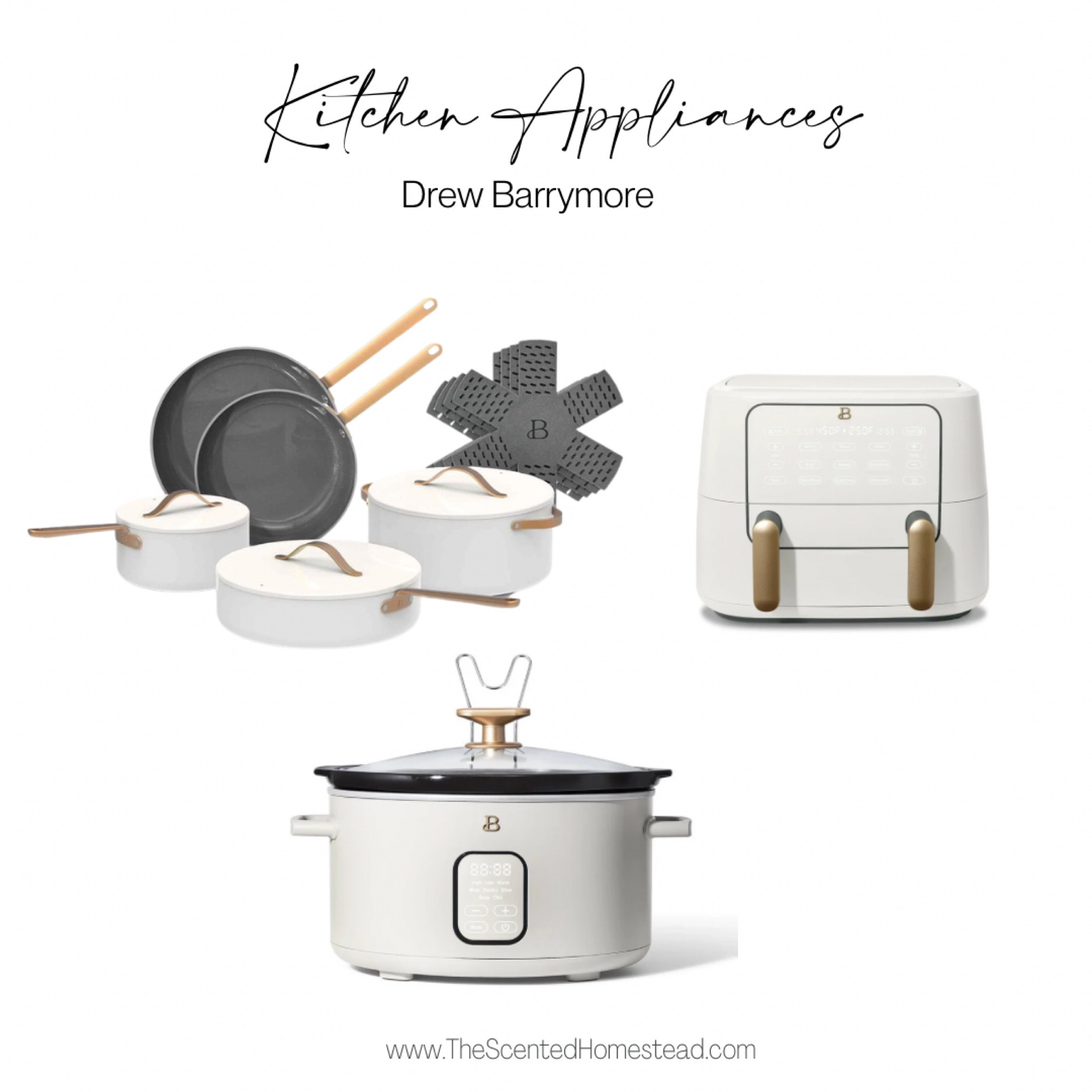 Walmart kitchen, kitchen appliances, Drew Barrymore kitchen, slow cooker white and gold, Drew Barrymore slow cooker, 9QT air fryer, Drew Barrymore air fryer white and gold, Ceramic non-stick cookware set white and gold. 

#LTKhome #LTKunder100