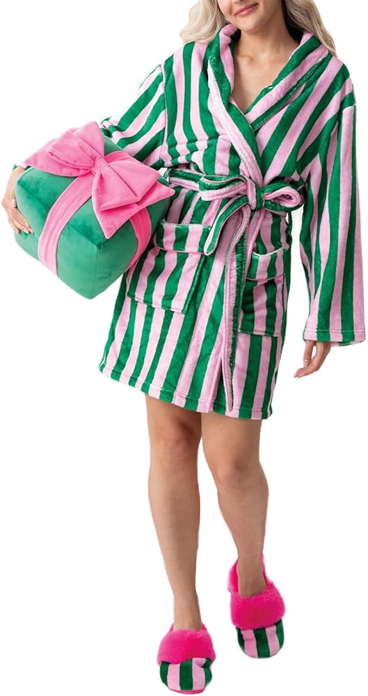 Christmas Fuzzy Fleece Robes for Women Cozy Plush Bathrobe Shawl Collar Warm Winter Short Robes w... | Amazon (US)