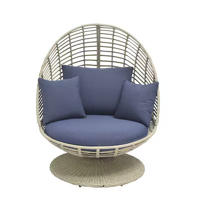 Origin 21 Venza Wicker Beige Steel Frame Swivel Egg Chair with Blue Cushioned Seat | Lowe's