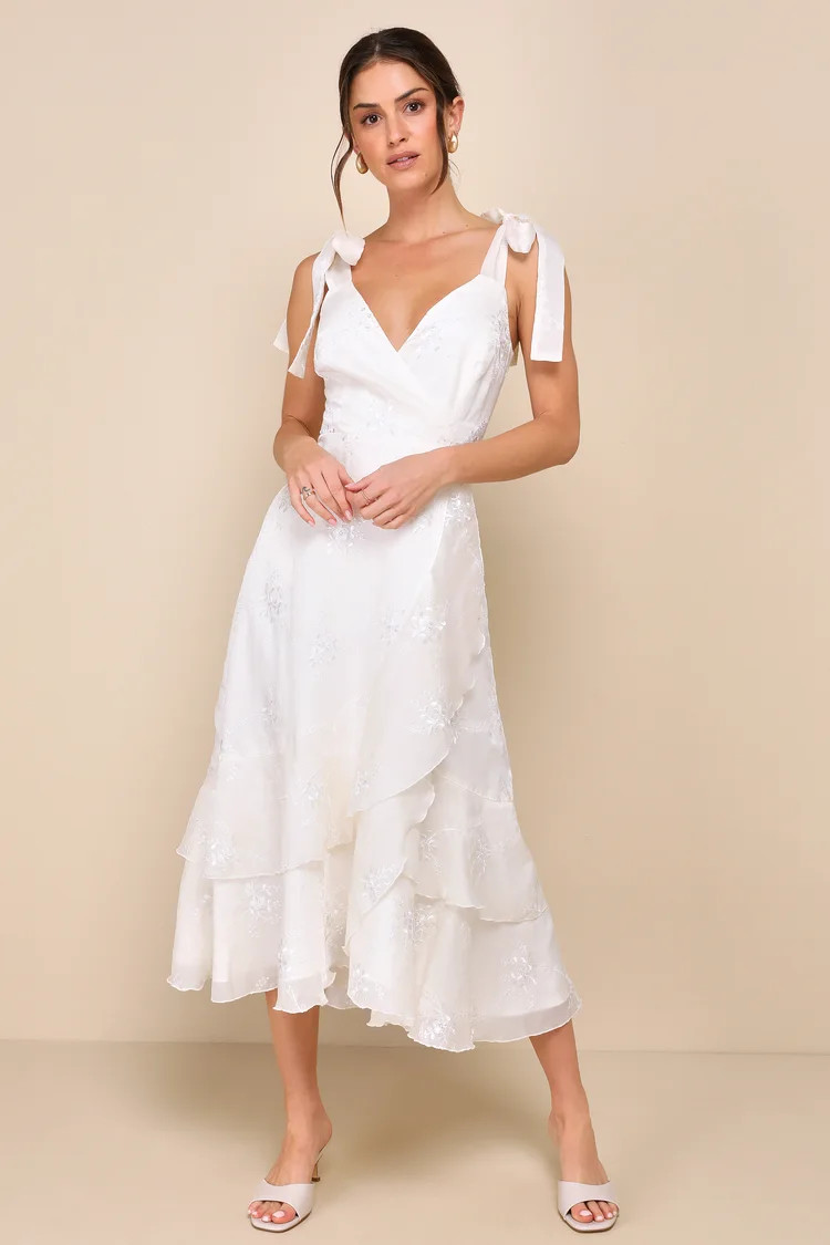 Elegant Direction Ivory Embroidered Ruffled Tie-Strap Midi Dress | Lulus