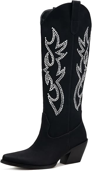 Pasuot Rhinestone Cowboy Boots for Women - Wide Calf Knee High Cowgirl Boots with Side Zipper and... | Amazon (US)