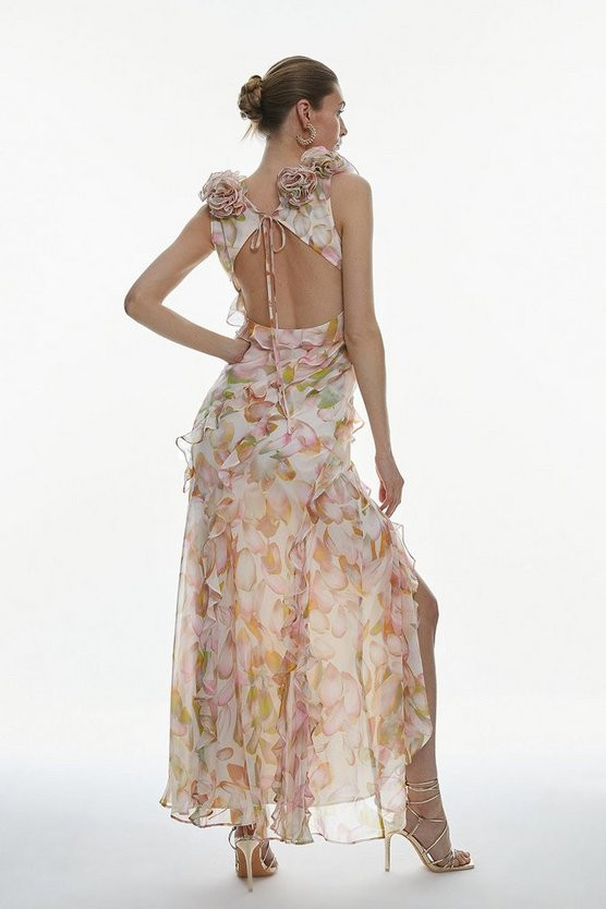 Floral Chiffon Corsage Ruffle Slip Maxi Dress | Karen Millen UK + IE + DE + NL