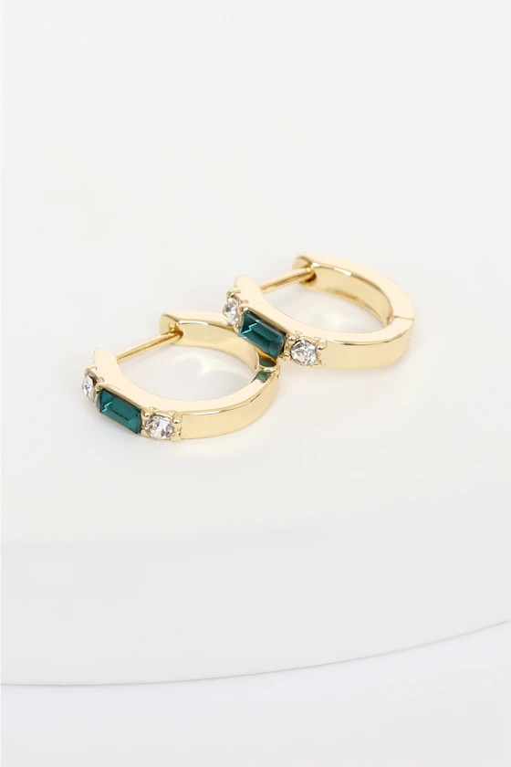 With All My Love Gold and Green Rhinestone Mini Hoop Earrings | Lulus (US)