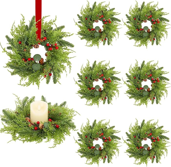 Aneco 8 Pieces Christmas Candle Rings with Ribbon 8.7 Inch Wreath Holder Pillar Candlestick Norfo... | Amazon (US)