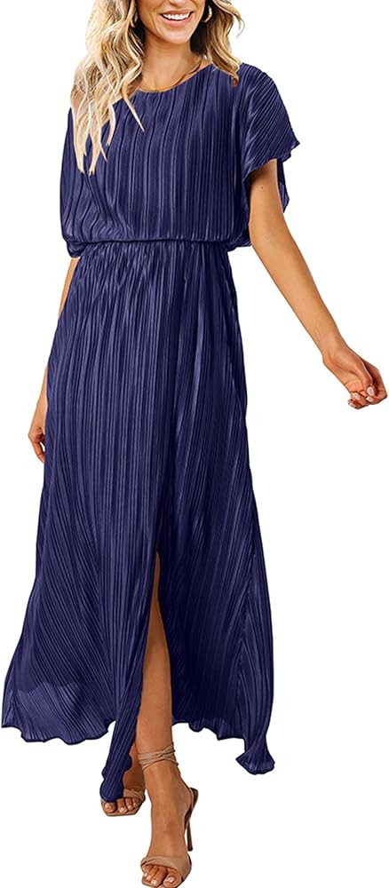 ECOWISH Summer Maxi Dress Women Cocktail Formal Wedding Guest Long Short Sleeve Pleated Dresses E... | Amazon (US)