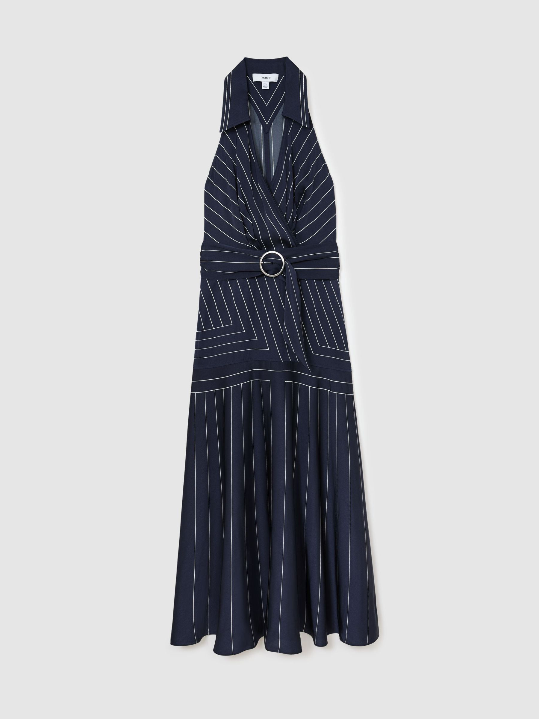 Reiss Striped Sleeveless Collared Midi Dress in Navy | REISS | Reiss US