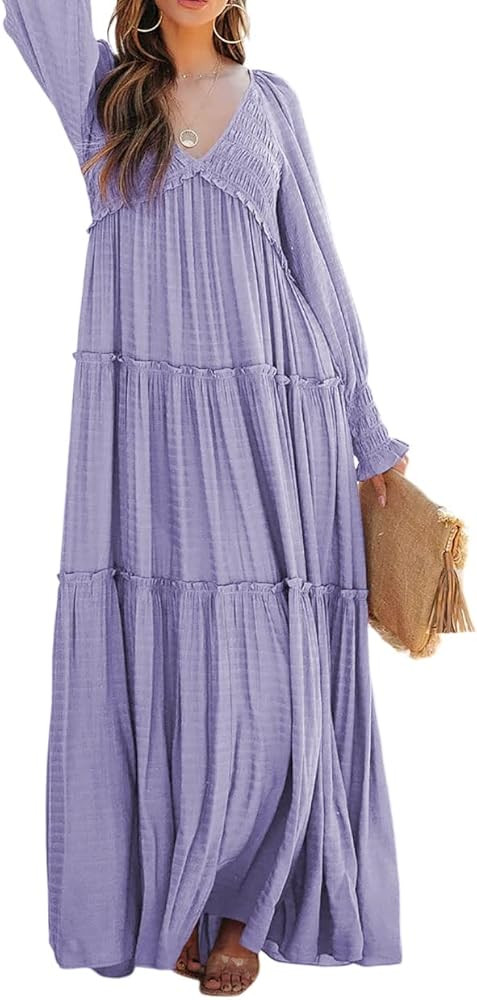 R.Vivimos Maxi Dress for Women Long Sleeve V Neck Empire Waist Layered Ruffle Boho Casual Flowy L... | Amazon (US)