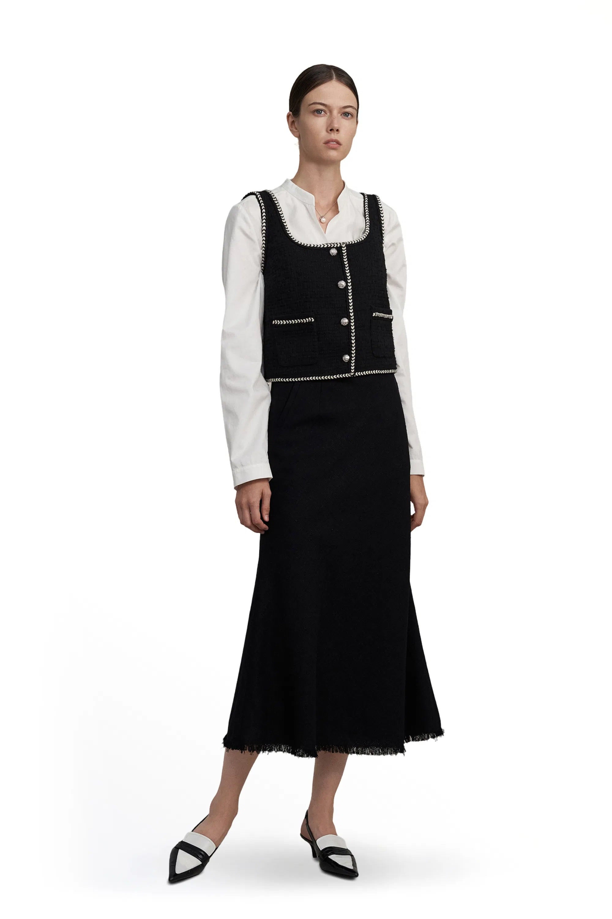 Hailey Contrast Trim Vest in Herringbone Tweed | Fabrique