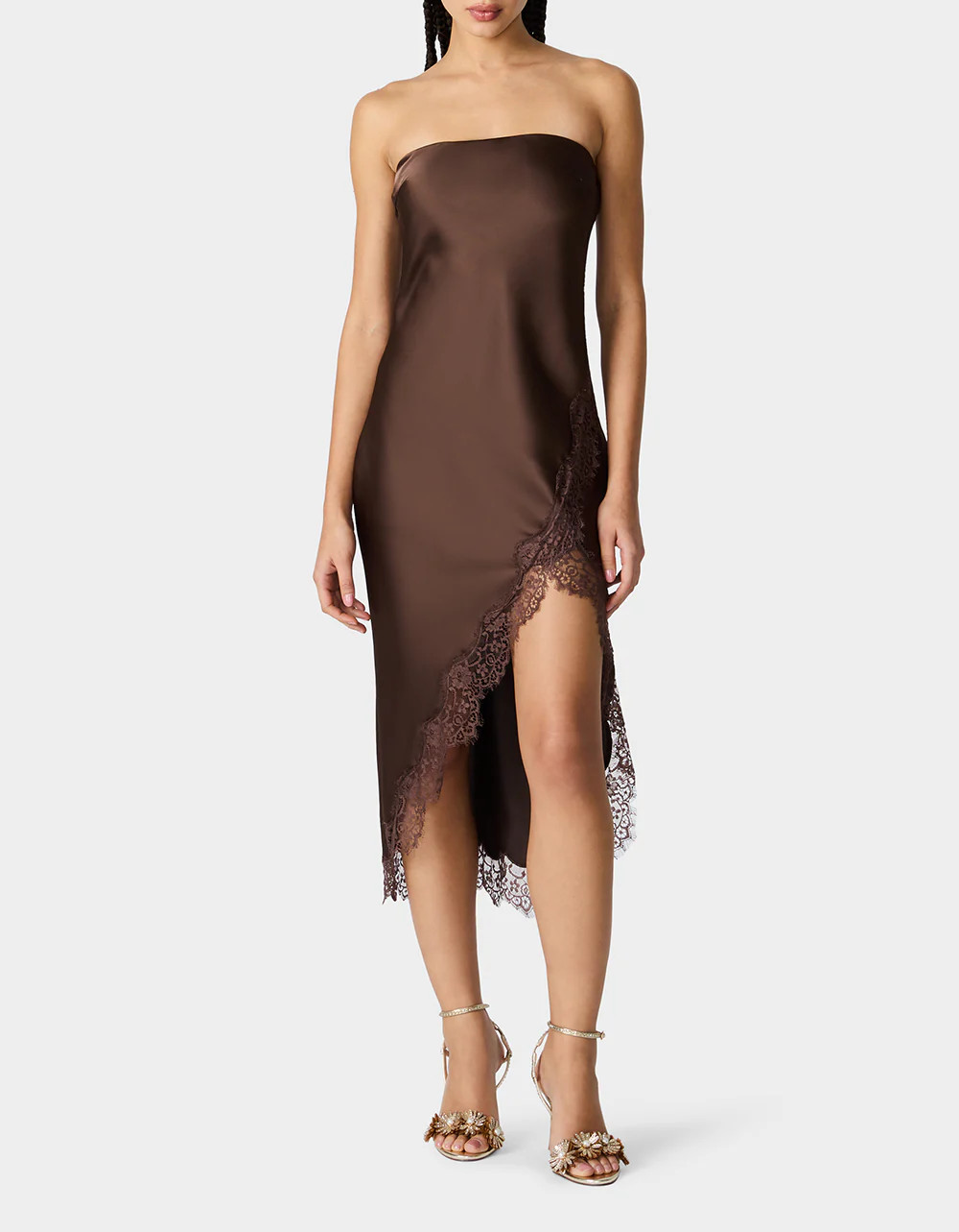 LACE AFFAIR Brown Strapless Lace Asymmetrical Midi Women's Dress | Betsey Johnson
