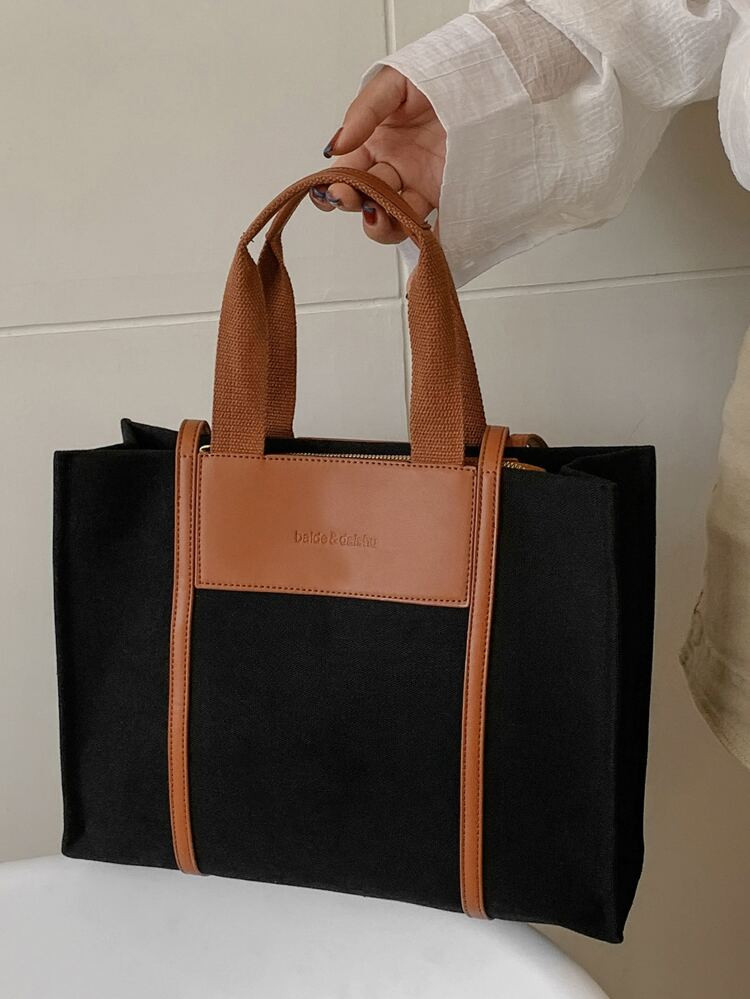 Two Tone Letter Embossed Shoulder Tote Bag | SHEIN