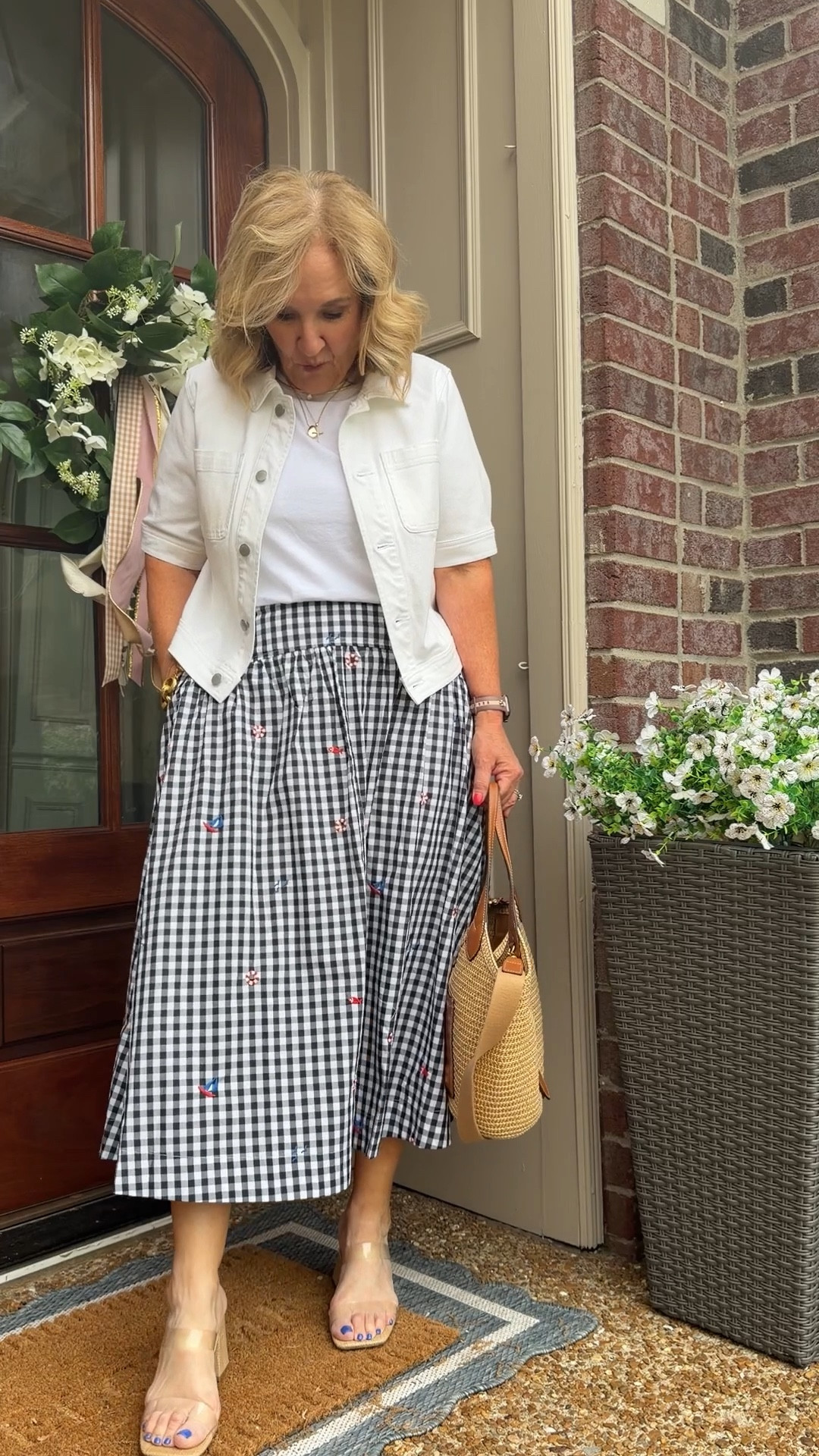 Walmart skirt! Size 8
Talbots denim jacket size medium petite 
Tee size medium 
Shoes tts 
Bag 10% off with code NANETTE stacks on the sale 

#LTKPetite #LTKOver40 #LTKSeasonal