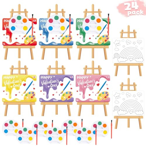 Golden Associate 24 Pcs Easel Valentines Day Cards for Kids School with Mini Watercolor Paint Sets for Classroom Exchange, Valentines Gifts Party Favors for Boys Girls | Amazon (US)