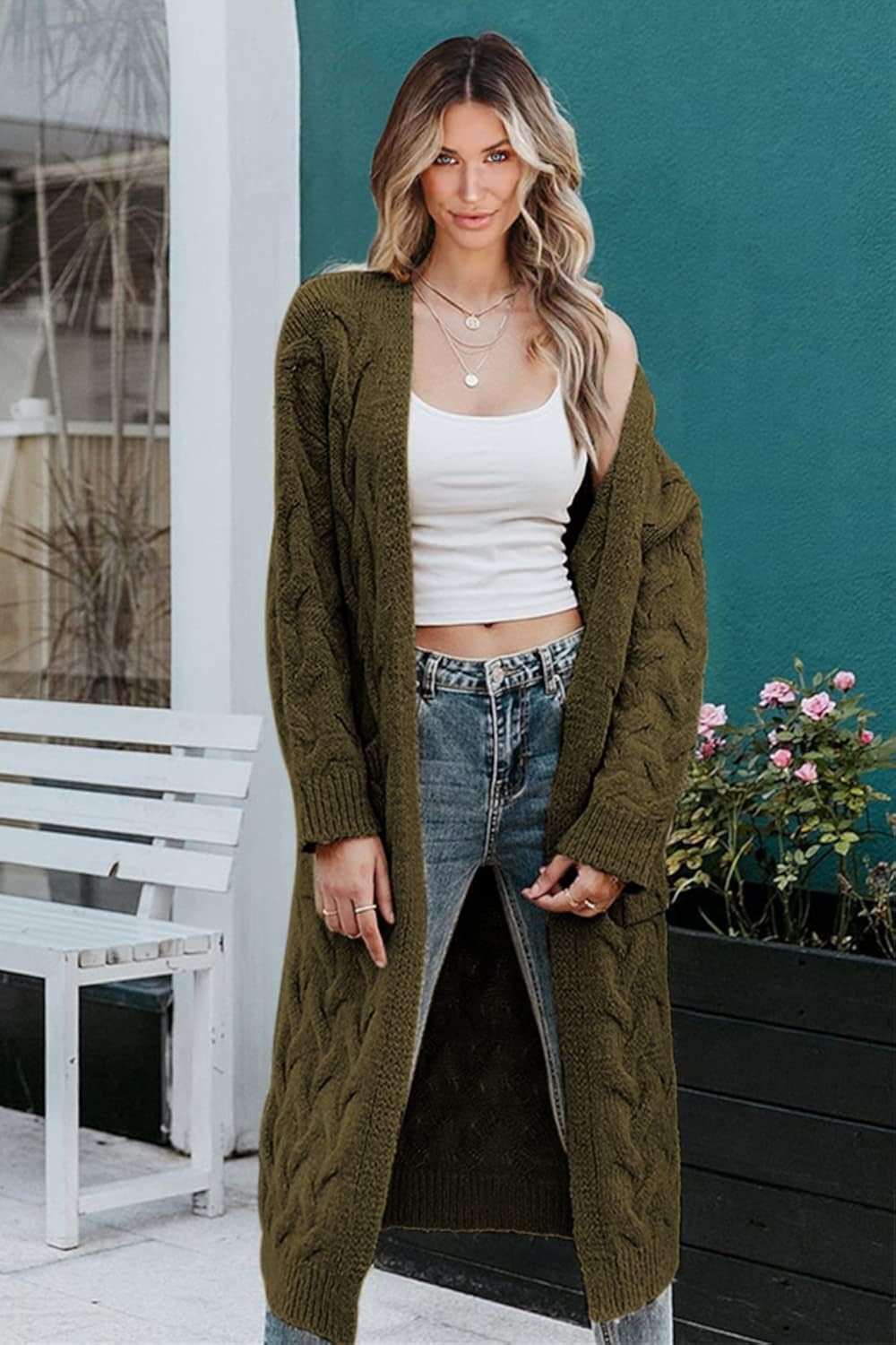 ZIWOCH Women's Long Cardigan Coats Cable Knit Casual Open Front Long Sleeve Loose Sweater with Po... | Amazon (US)