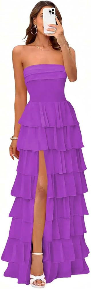 Tiered Ruffle Bridesmaid Dresses for Women Chiffon Strapless Evening Formal Dress with Slit | Amazon (US)