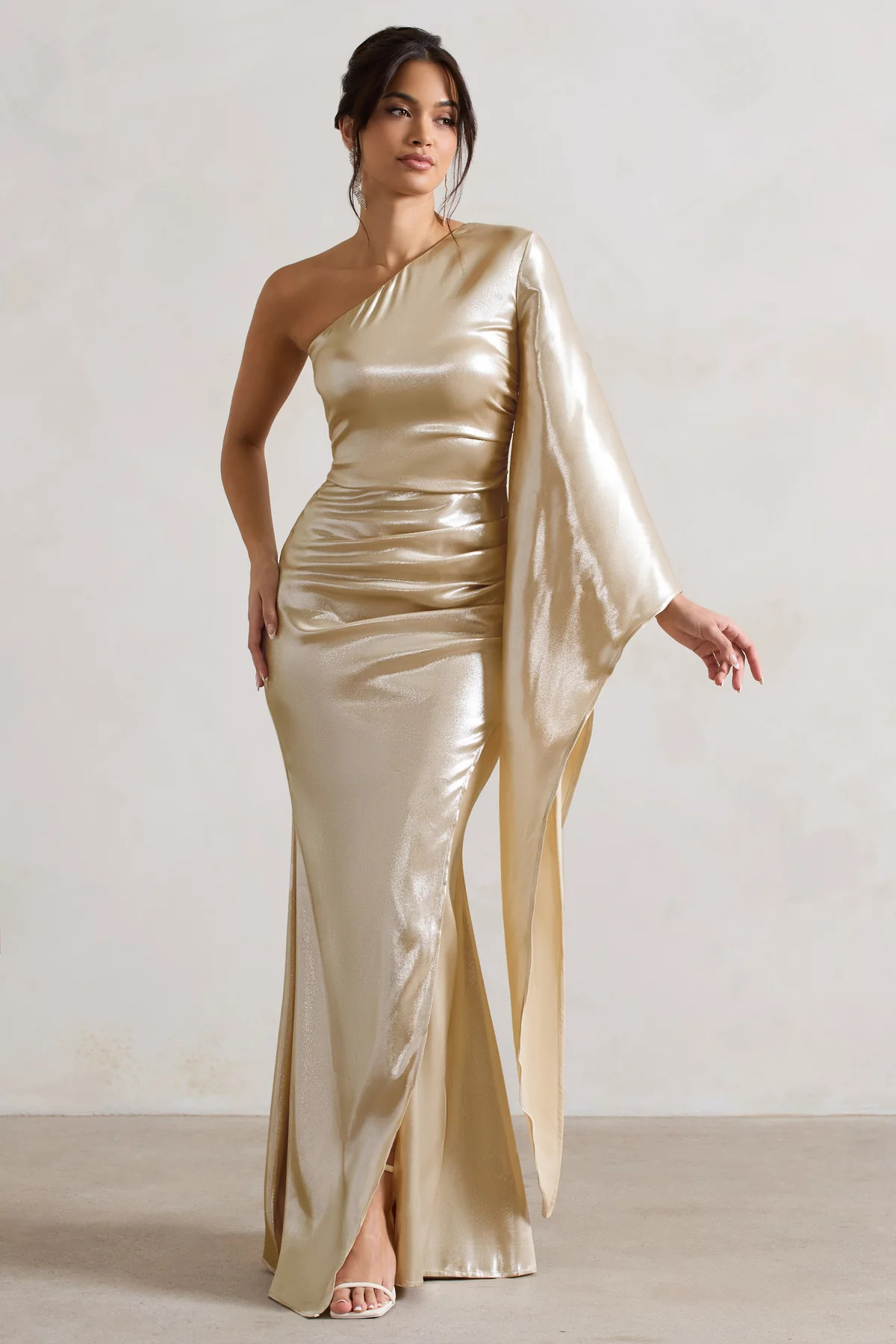 Bex | Champagne One Shoulder Cape Maxi Dress with Ruched Waist and Thigh Split | Club L London