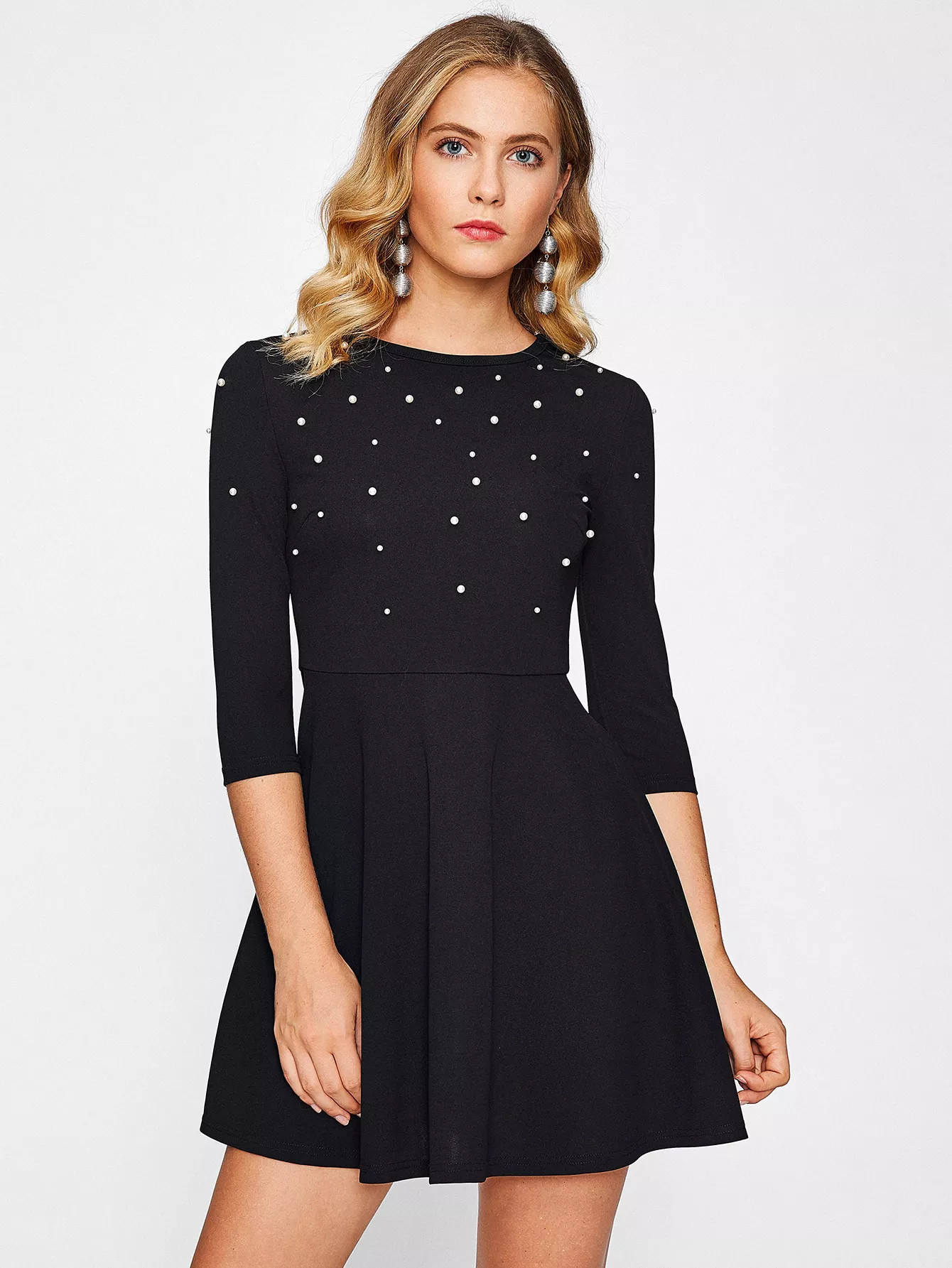 SHEIN Faux Pearl Embellished Skater Dress | SHEIN