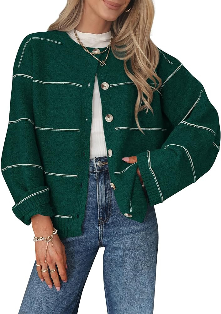 Balimtoy Striped Cardigan Sweaters for Women Trendy Long Sleeve Crewneck Button Up Sweater Fall W... | Amazon (US)