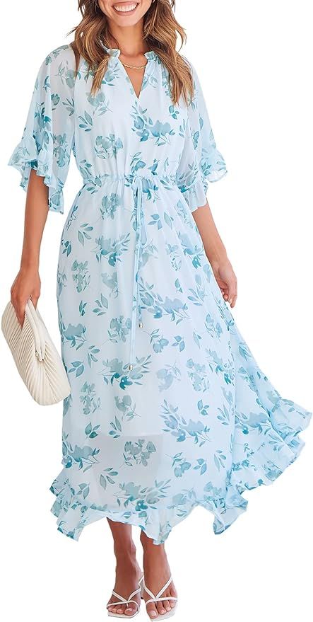 ANRABESS Women's Summer Ruffle Maxi Dress Floral Print 3/4 Bell Sleeve V Neck High Waist Flowy Bo... | Amazon (US)