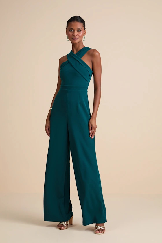 Criss-Cross Your Mind Emerald Cross-Front Wide-Leg Jumpsuit | Lulus
