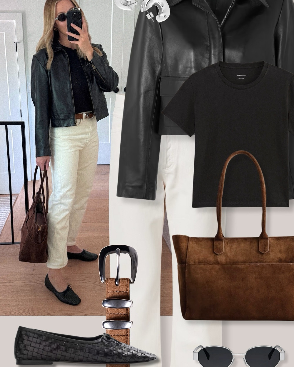 30 Days of fall outfit ideas 💡 day 15: easy and simple neutral fall outfit with leather jacket, black tee, suede tote bag, ecru jeans, suede belt and woven leather flats 

Fall style, fall outfits, fall inspiration, neutral outfit, simple style 

#LTKFindsUnder100 #LTKShoeCrush #LTKSeasonal