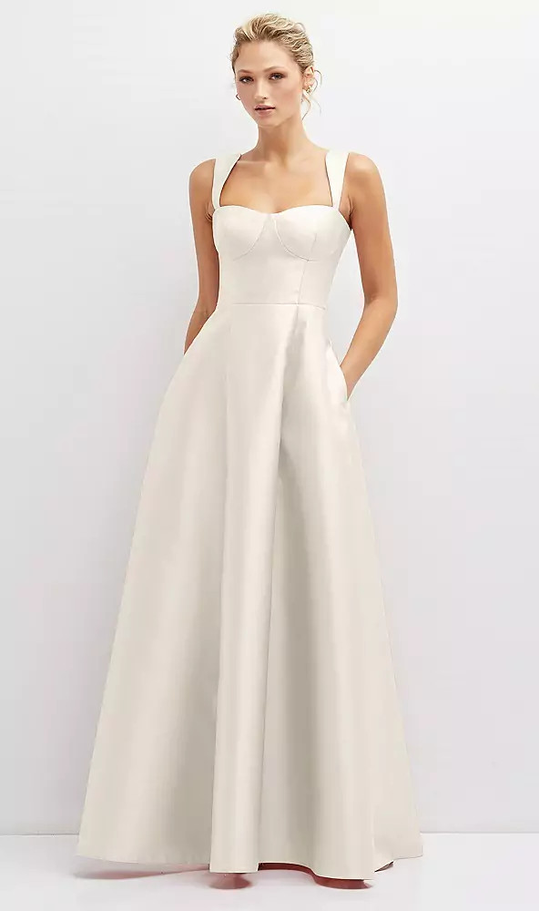 Lace-Up Back Bustier Satin Dress with Full Skirt and Pockets in Ivory | The Dessy Group