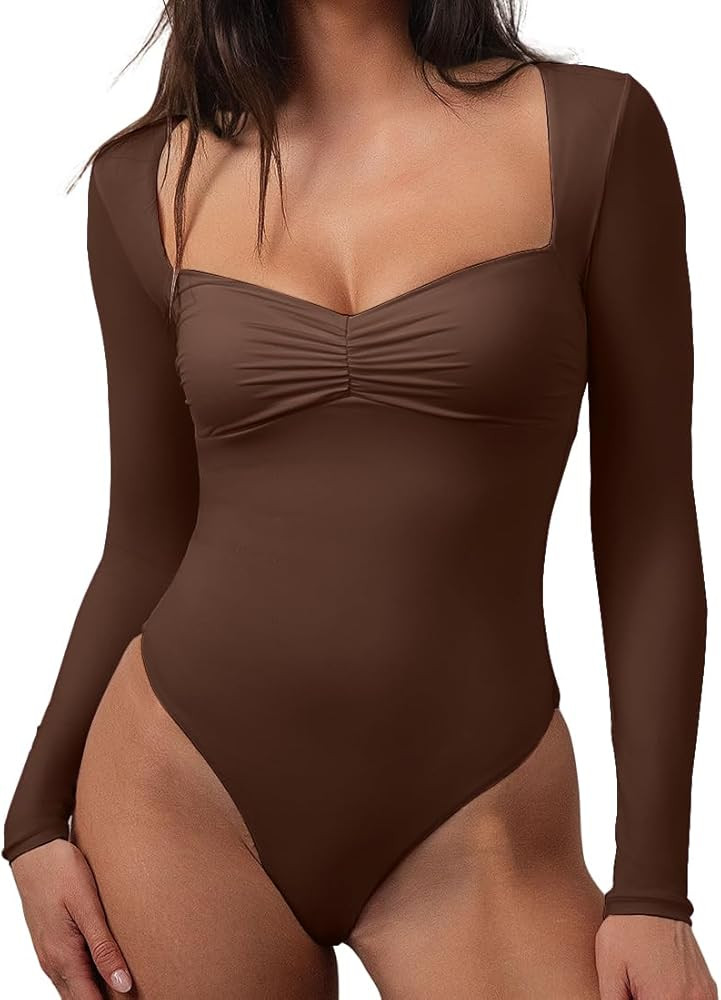 CHYRII Womens Sexy Square V Neck Bodysuit Tops Fall Fashion Long Sleeve Going Out Tops | Amazon (US)