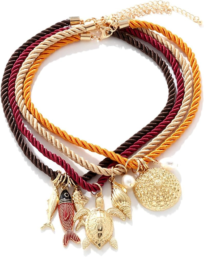 Boho Beach Pendant Necklace Set Summer Colorful Layered Braided Cord Necklace Fashion Charm Multi... | Amazon (US)