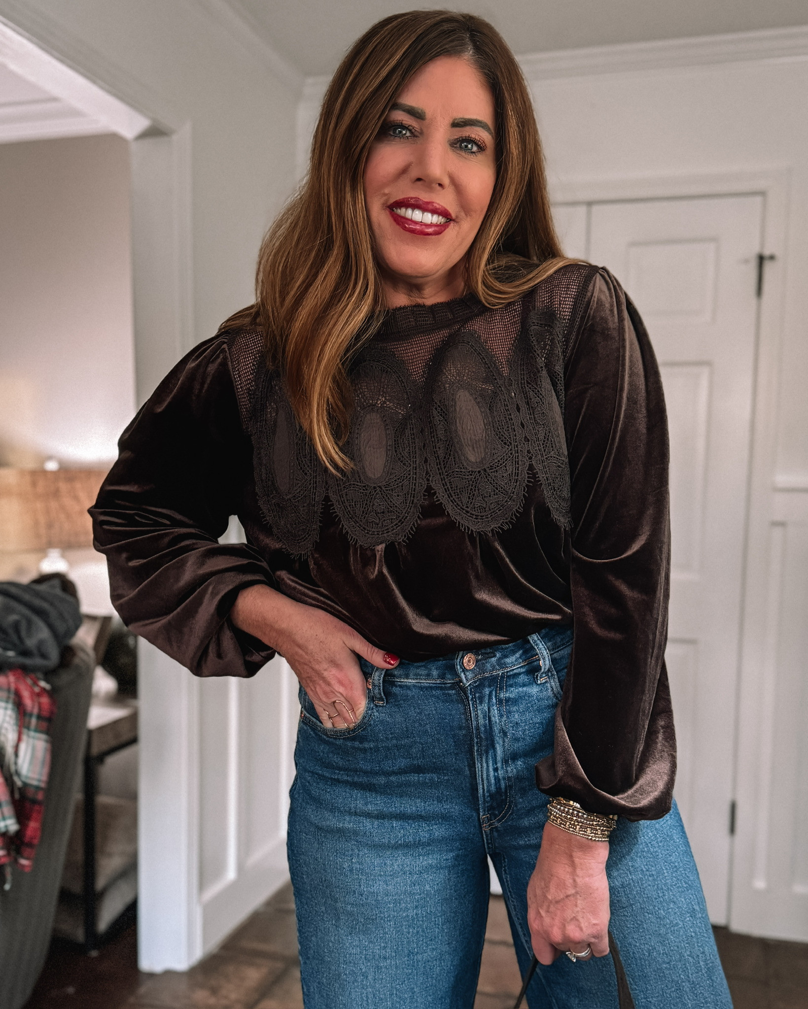 Anthro look for less top from Amazon. Perfect to wear for New Year’s, any party, going out, you can wear them to work, church & more! So easy to dress up a pair of jeans or pants! They come in this velvet & faux suede in a short sleeve and long sleeve option. Several colors available great quality and so pretty. #creatorfavorites2026 

 #LTKgrwm #LTKOver40 #LTKMidsize