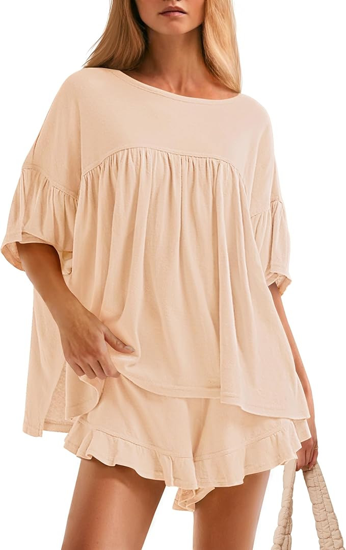 ZESICA Women's Summer 2 Piece Outfits 2025 Ruffle Short Sleeve Tops and Shorts Casual Loose Overs... | Amazon (US)